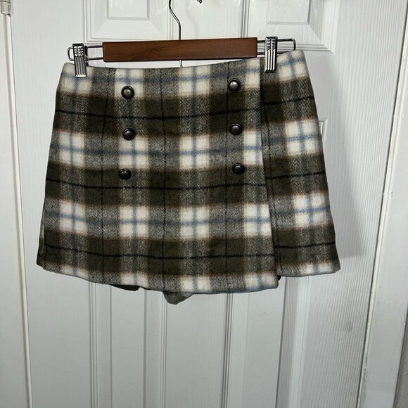 Forever 21 Green Pleated Plaid Preppy Wool Blend Mini Skort Skirt Jr Medium - Picture 2 of 9